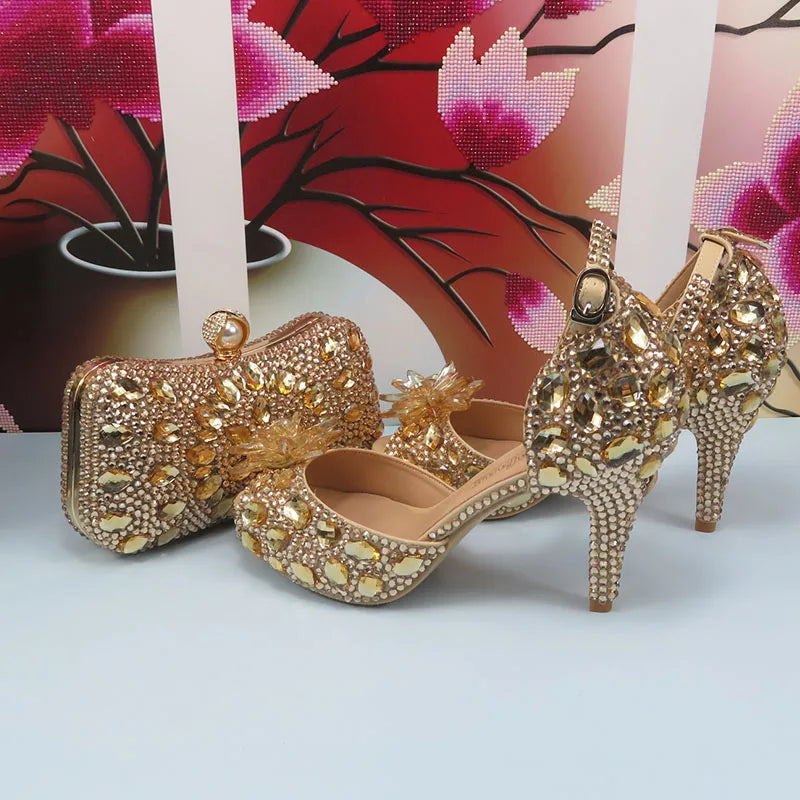 Maxy Champagne Gold Wedding shoes and purse for Women Bridal Fashion High Pumps Open Toe Party Shoe and bag Ankle Strap