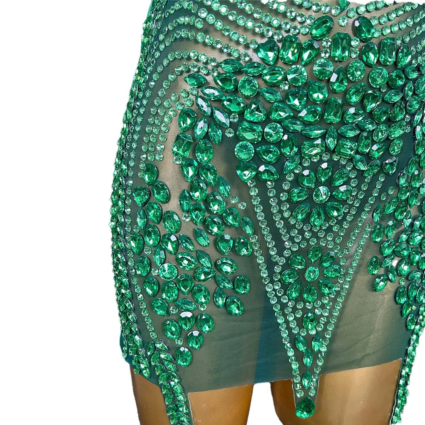 Macy Luxury Fashion Backless Evening Celebrate Prom Dress Birthday Party Transparent Green Rhinestones Short Singer Stage Wear Meilv