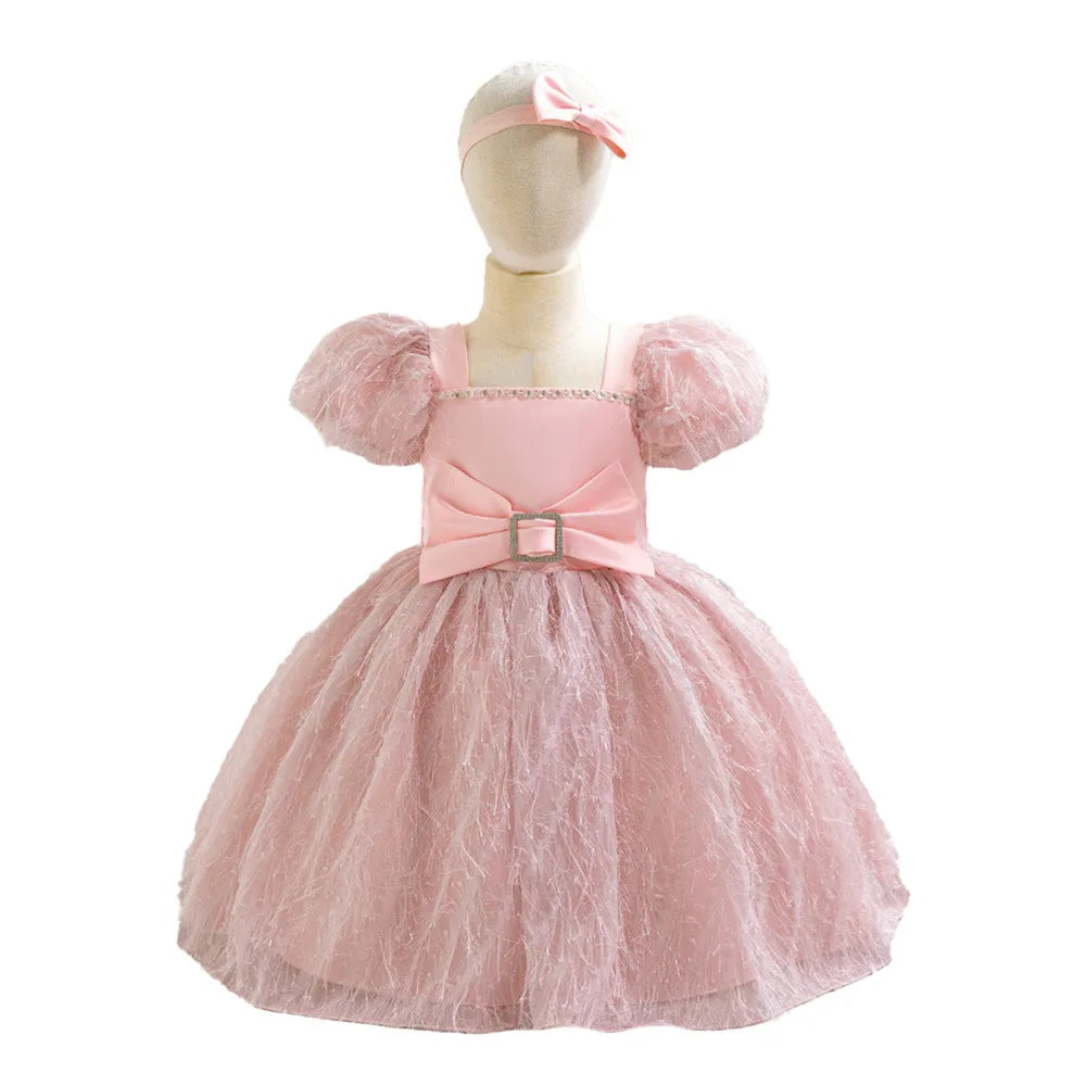Maxy Toddler Baby Lace Floral Bow Princess Girls Dress Infant 1st Birthday Baptism Party Ball Gown Newborn Short Sleeve Kids Costumes