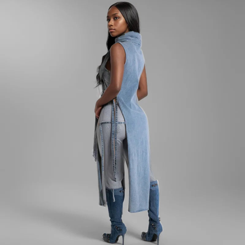 Maxy Vintage Fashion Women's Hollow Out Bandage Design Denim Dress Autumn Stand Collar Sleeveless Dresses Female 1LS029