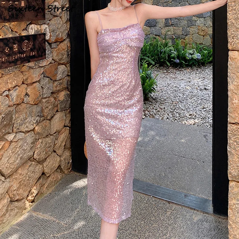 Babs Pink Sequin Dress Women Summer Vacation Party Dresses Women Sleeveless Spaghetti Strap Bodycon Vintage