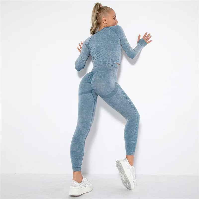 Seamless Sports Suits Women O-neck Crop Tops Long Sleeve Push Up Leggings Sets Gym Wear Summer Two Pieces Sets Tracksuit Feamle