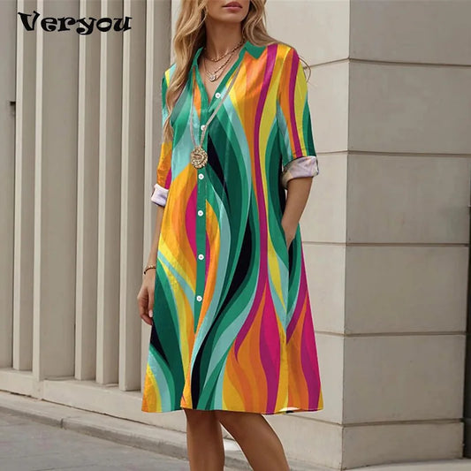 Maxy Vintage Printed Shirt Dress Women Casual Loose Straight Midi Dresses Plus Size Women Elegant Coforful Beach Party Dress