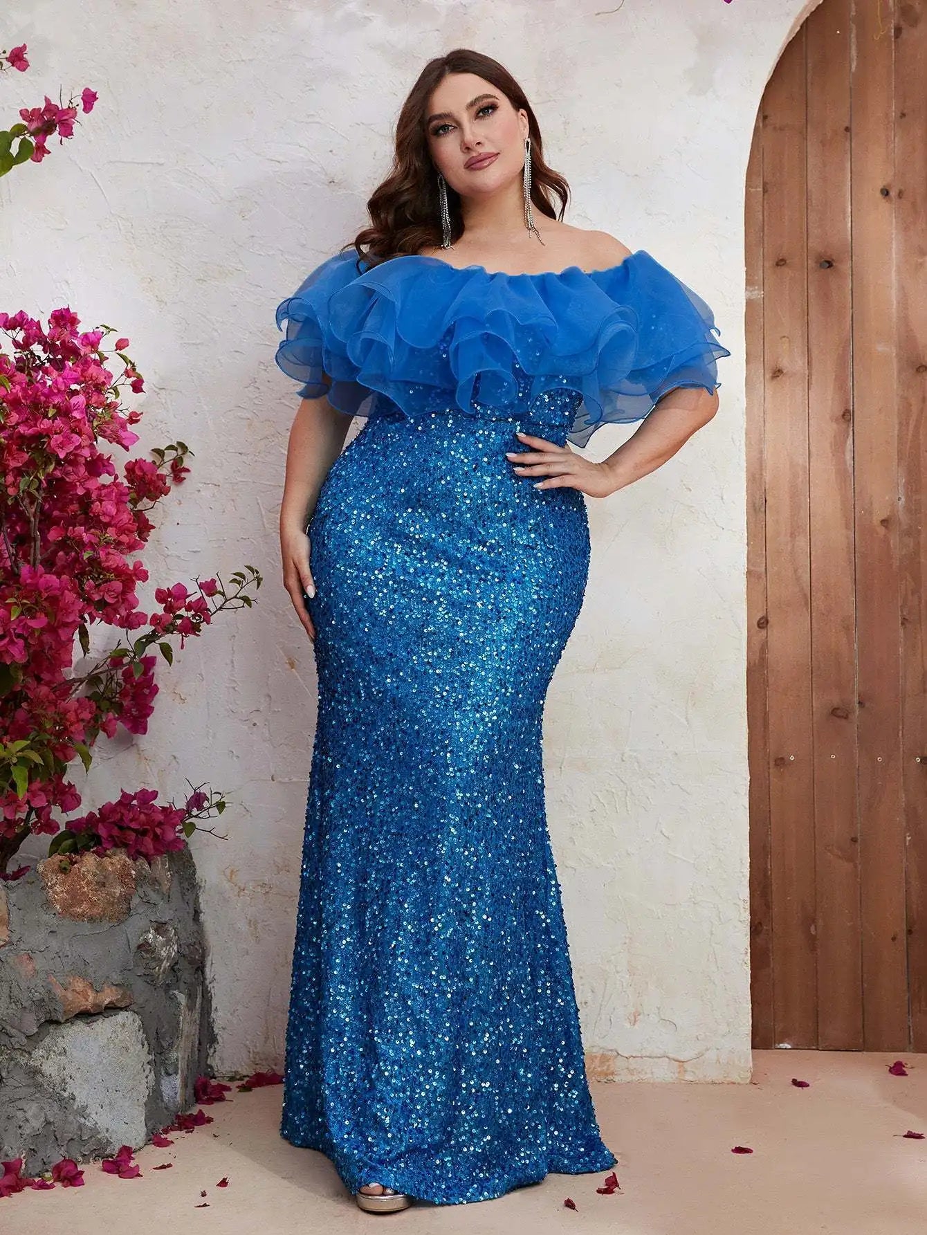 Maxy Plus Size Women Party Dresses New Fashion Strapless Mesh Splicing Elegant Sequin Wedding Dresses Large Female Evening Long Dress