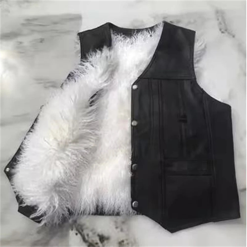 Visco Men's V-Neck Black Single Breasted Thick Fur Vest 100% Sheepskin Fur Vest Warm Autumn Winter Hot Sale