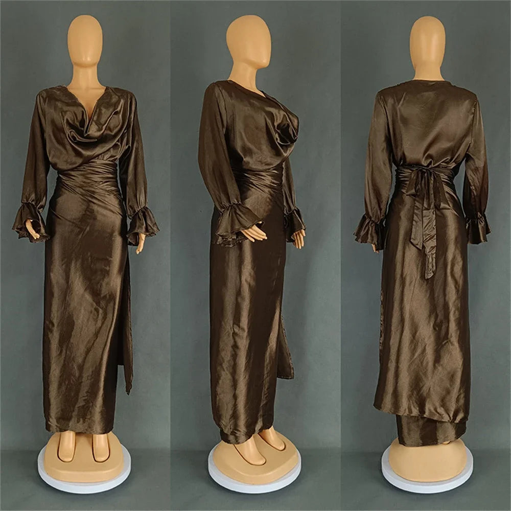 Maxy Elegant Women Summer Dress 2 Piece Set Shiny Satin Pile Collar Long Sleeve Tops and Wrap Midi Skirt Suit Party Church Clothes