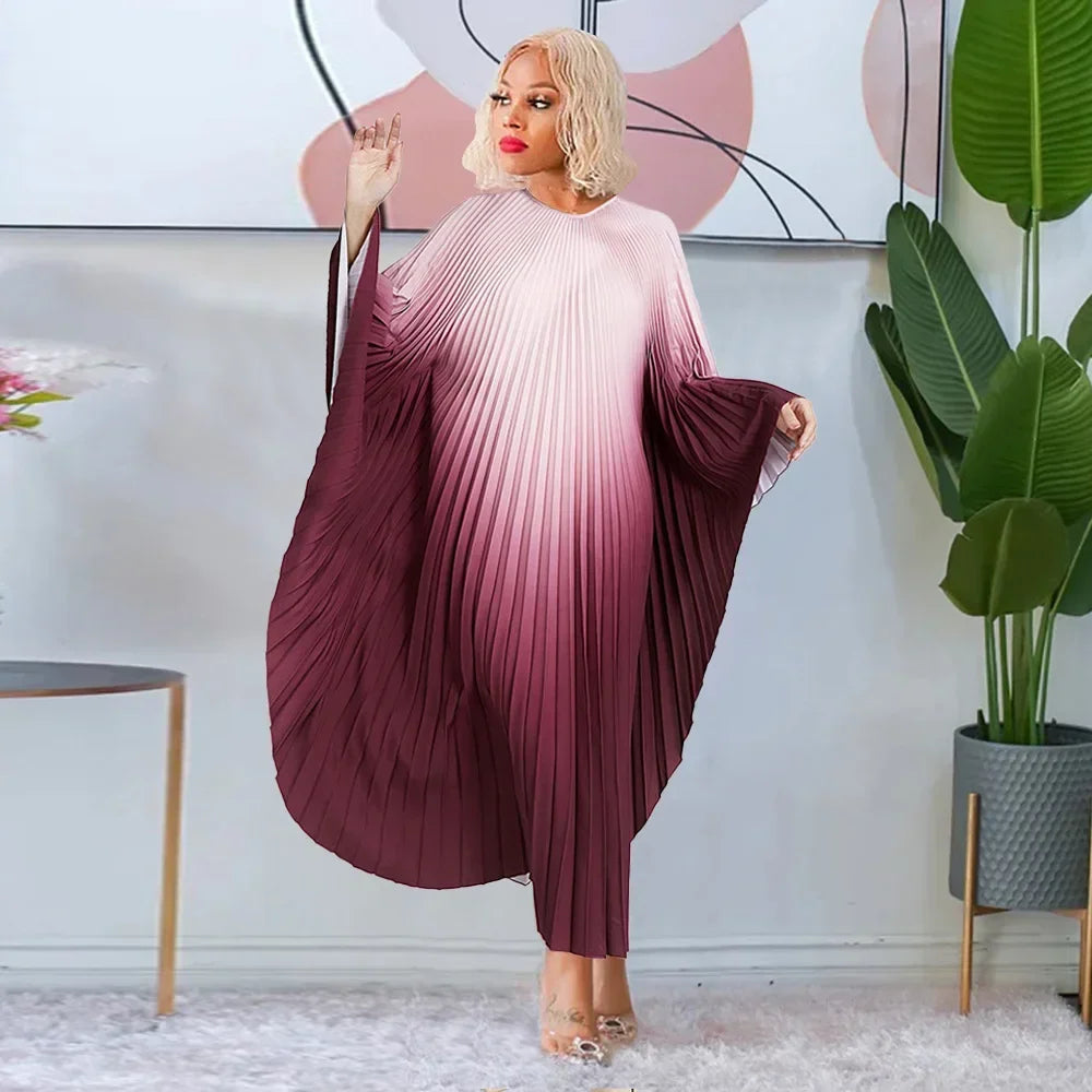 Maxy Fashion Gradient Color Pleated Dress in Spring Stylish and Loose Fit Oversized Printed Bat Sleeves Slimming Long Pleated Dress