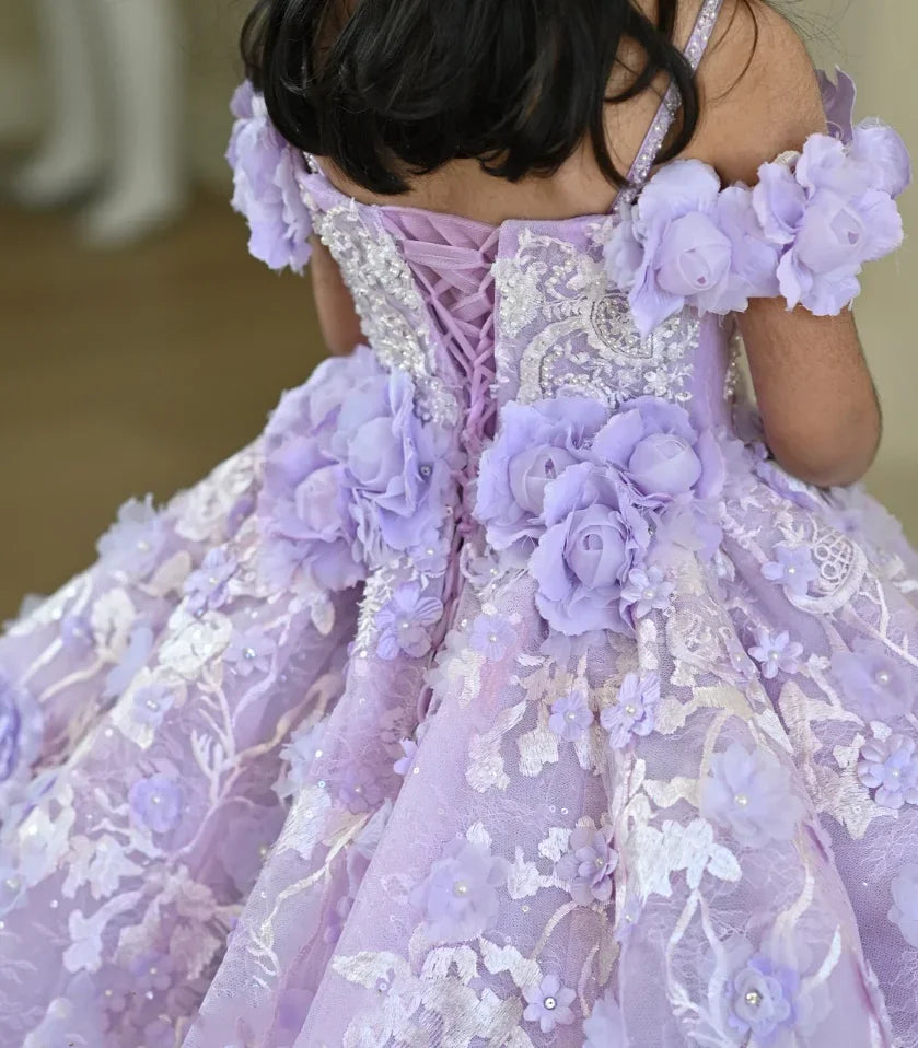 Maxy Lavender Flower Girl Dresses for Wedding Floral Appliques Bead Floor Length Girl Kids Birthday Party First Holy Communion Gowns
