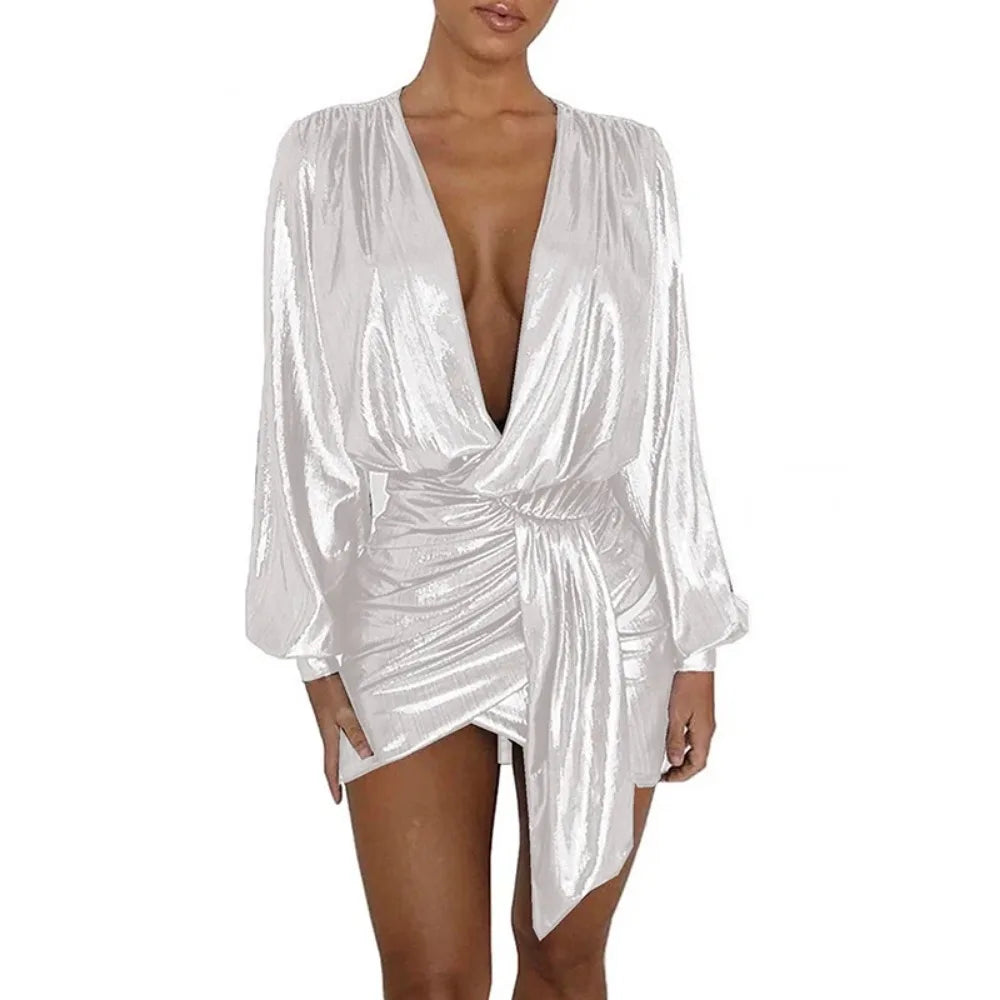 Maxy Plus Size Elegant Deep V-neck Long Sleeve Shiny Metallic Dress Women Evening Irregular Bodycon Mini Dress Vintage Ball Gowns