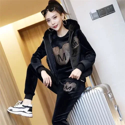 Maxy Gold Velvet Suit Women's Autumn and Winter New Fleece-Lined Thickened Double-Sided Fleece Korean Casual Sports Three-Piece Suit