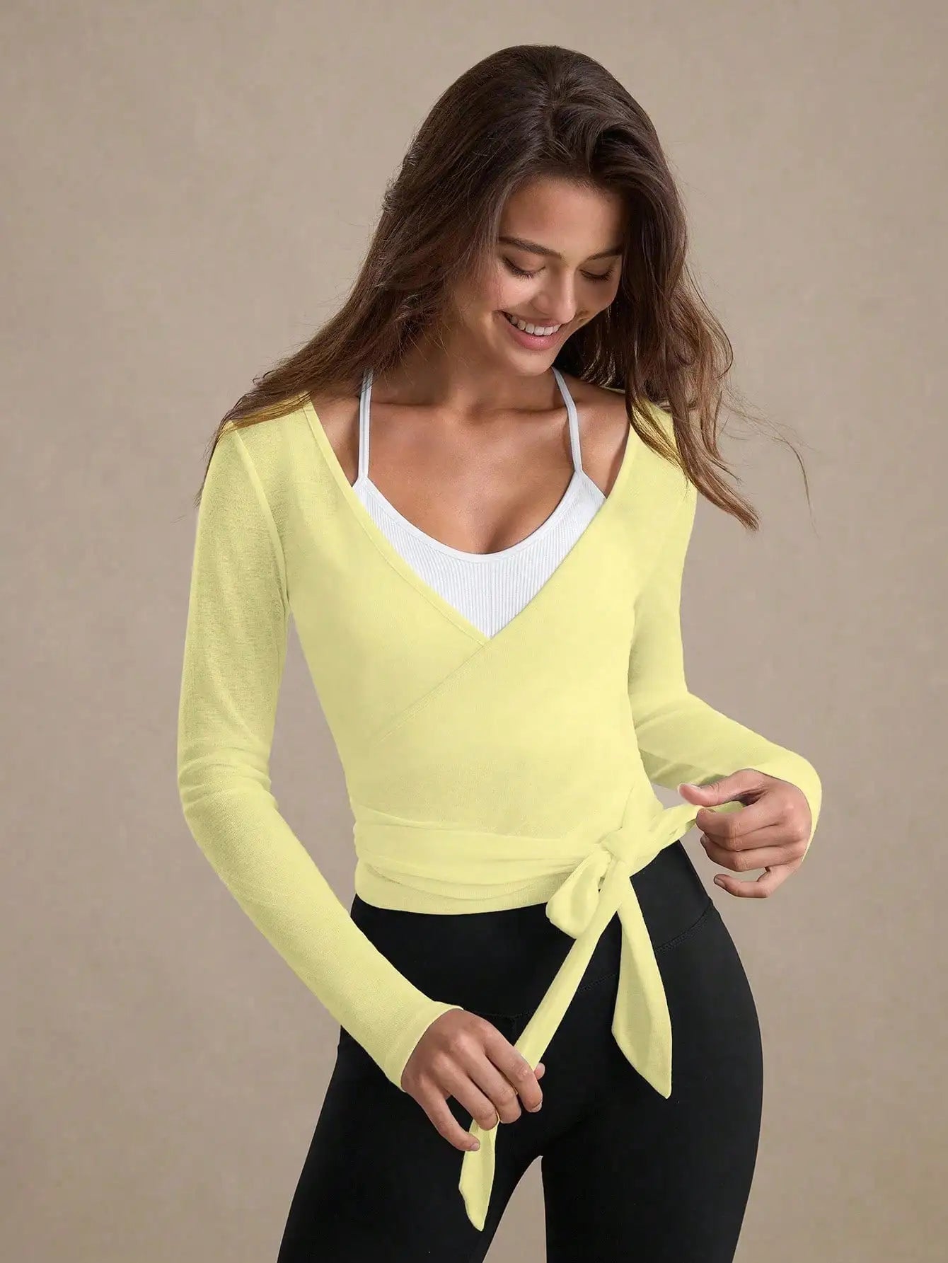 Maxy Women's Long Sleeve Wrap Crop Top With Tie-Up Detail Casual Sporty