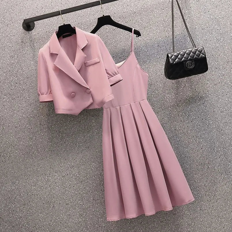 Maxy Spring and Summer New Large Women's Dress Korean Style Suit Top+fashionable Slip Dress Suit Is Slim and Fashionable