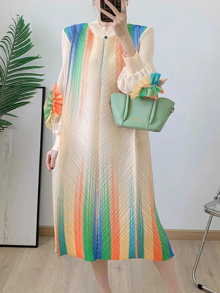 Maxy Miyake Pleated Elegant Dress Women Round Neck Spliced Fungus Long Sleeve High Stretchy Loose Dresses Spring New 6R0518