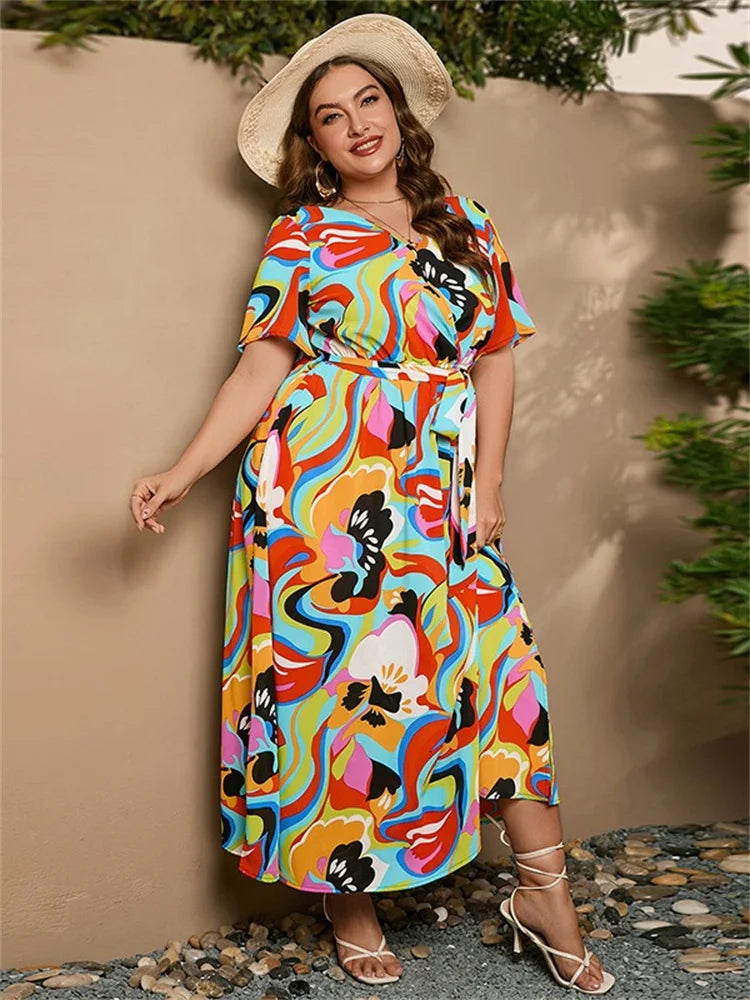 Wmstar Plus Size Dresses for Women Short Sleeve Flower Printed V Neck Loose  Maxi Dress with Bandage Wholesale Dropshipping 2023