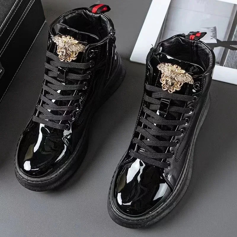 Amay Fashion Y2K boots for men shine leather metal decoration high top boot luxury shoes hairdresser Casual Male sneakers Botines