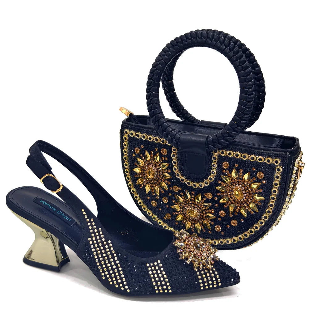 Visco Italian Design Fashion Luxury Women's Shoes and Purse Full Diamond Decoration Big Capacity Hand Bag