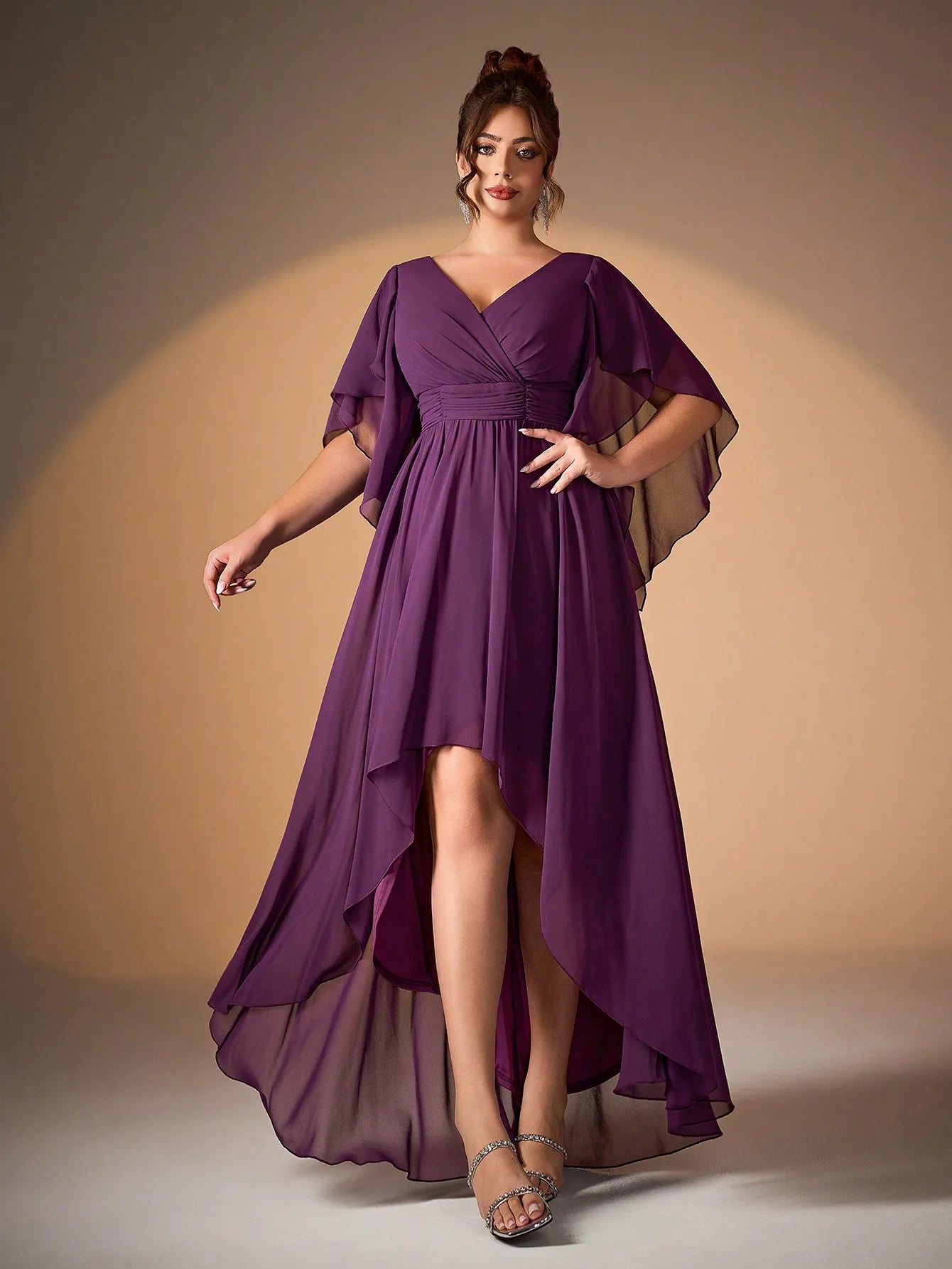Maxy Miacid-neck pearl chiffon irregular sleeves with a shorter front and longer back hem high-end evening dress