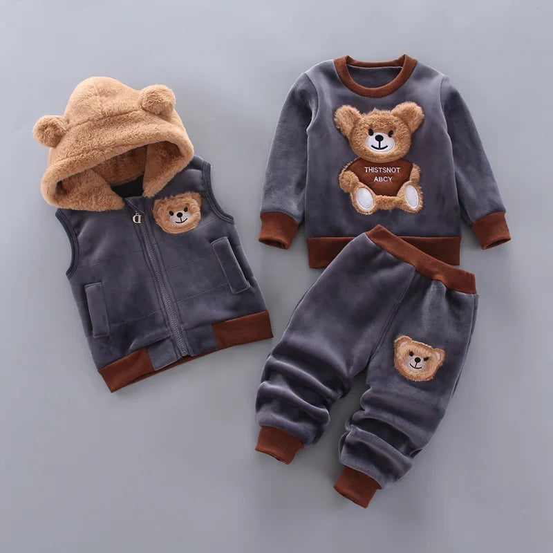 Babs Boy Clothing Set Autumn and Winter Velvet Thick Warm Casual Hooded Sweater Cartoon Cute Bear 3Pcs Toddler Girl Clothes Suit