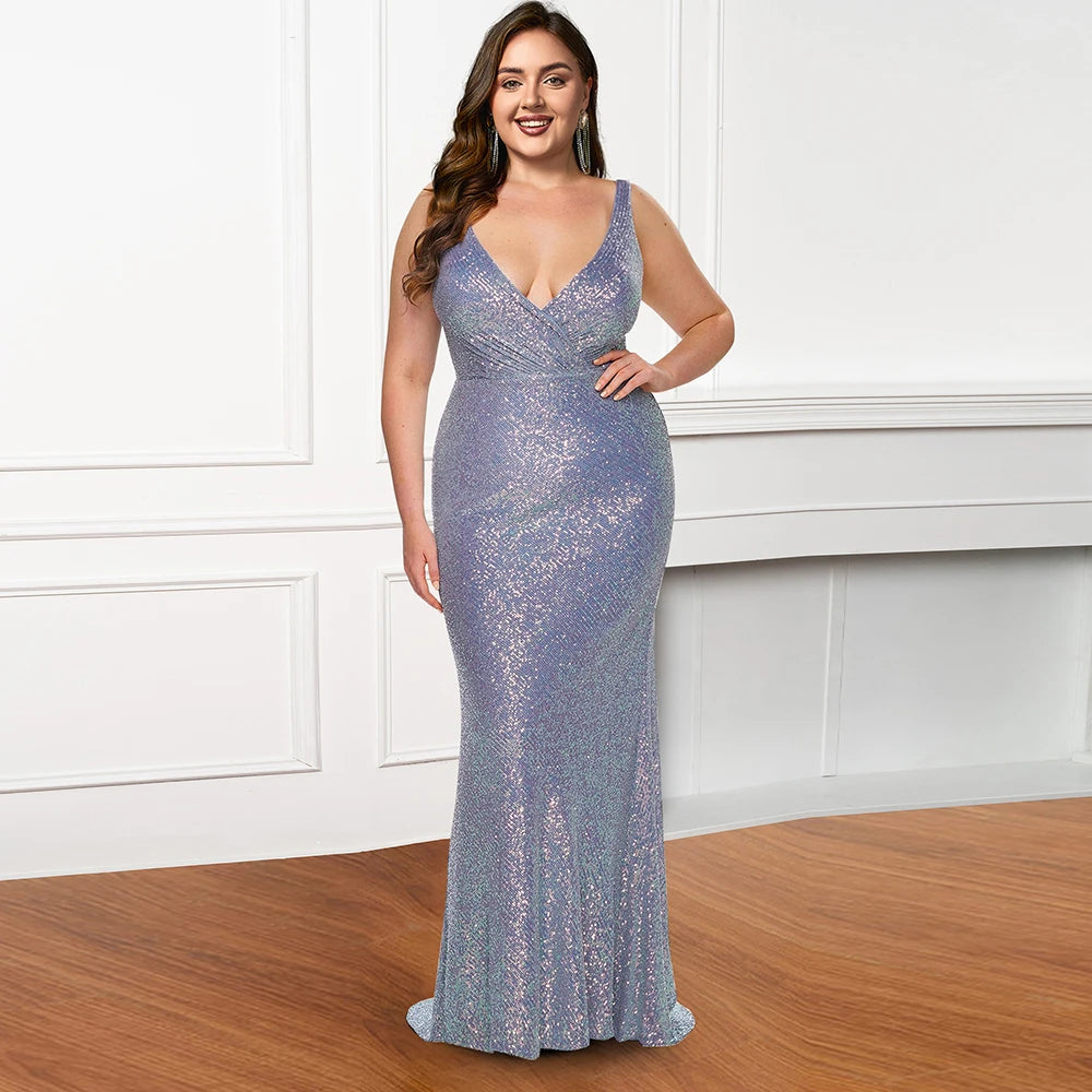 Maxy Sequins Gradient Color Plus Size Women Dress Sexy Deep V-Neck Slim Bridesmaid Dress Sleeveless Female Party Evening Long Dresses