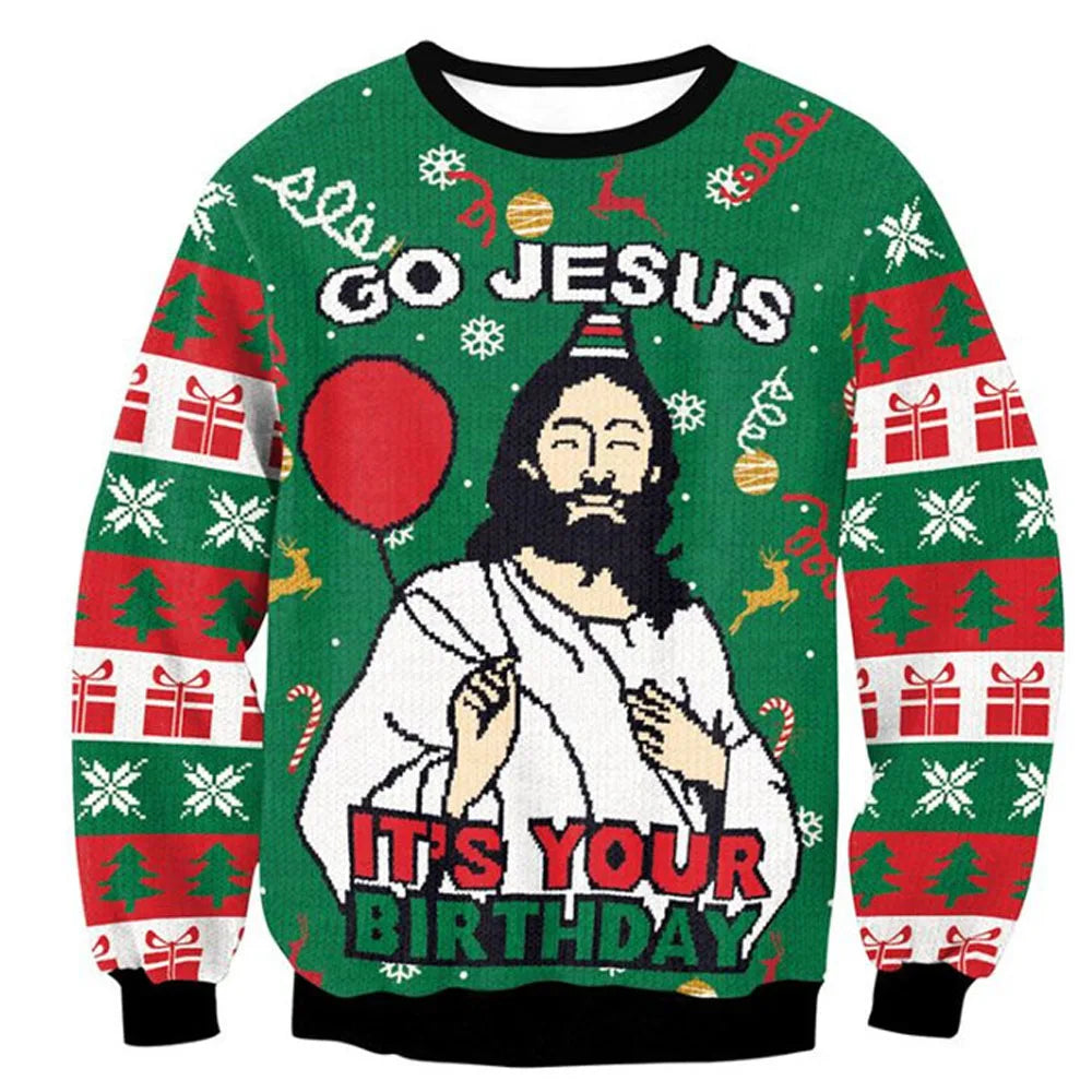 Visco Men Women Holiday Party Xmas Sweatshirt Happy Birthday Jesus Sweater Green 3D Funny Printed Ugly Christmas Sweaters Jumpers Tops