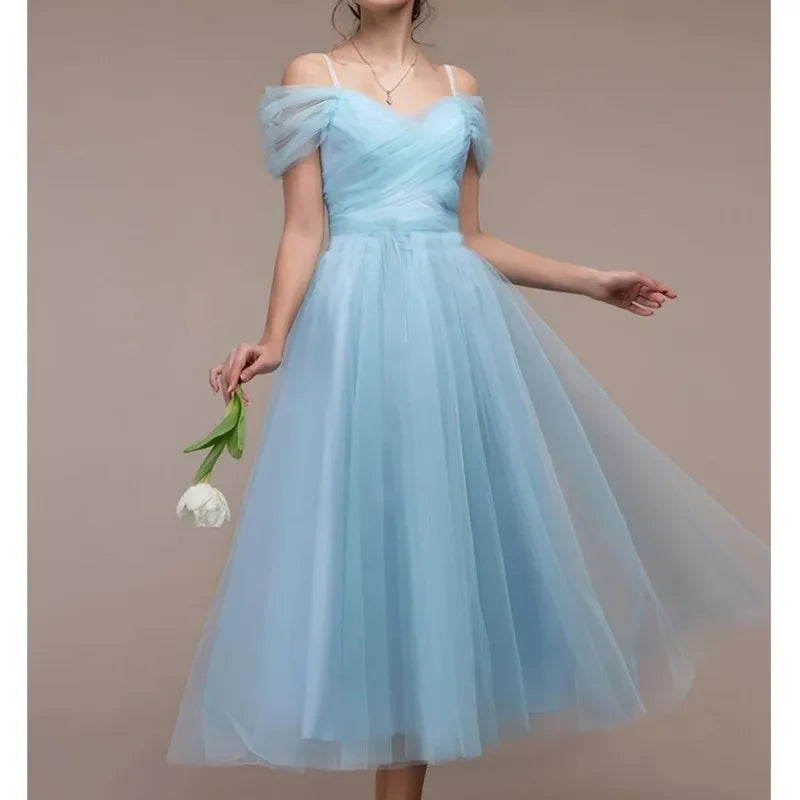 Maxy Women's Romantic Off Shoulder Ceremony Dresses Elegant Long Party Wedding Cocktail Bridesmaid Mesh Tulle Midi Wrap Gala Dress