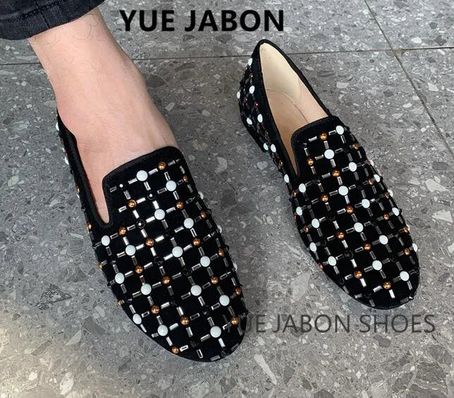 Visco New Fashion Men Rhinestone Shoes British Men's Flats Smoking Slippers Men Loafers Dress Shoes Black Casual Shoes Gladiator Mens