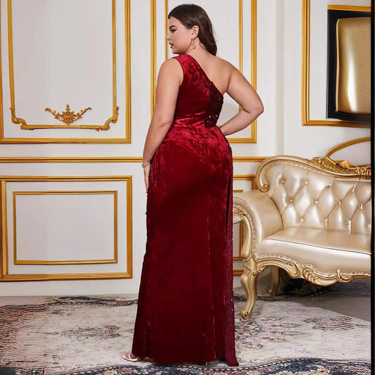 Maxy Plus Size Long Evening Dress Women Fashion Side Slit Red Sequins Splicing Dresses Slant Shoulder Sleeveless Elegant Party Gowns