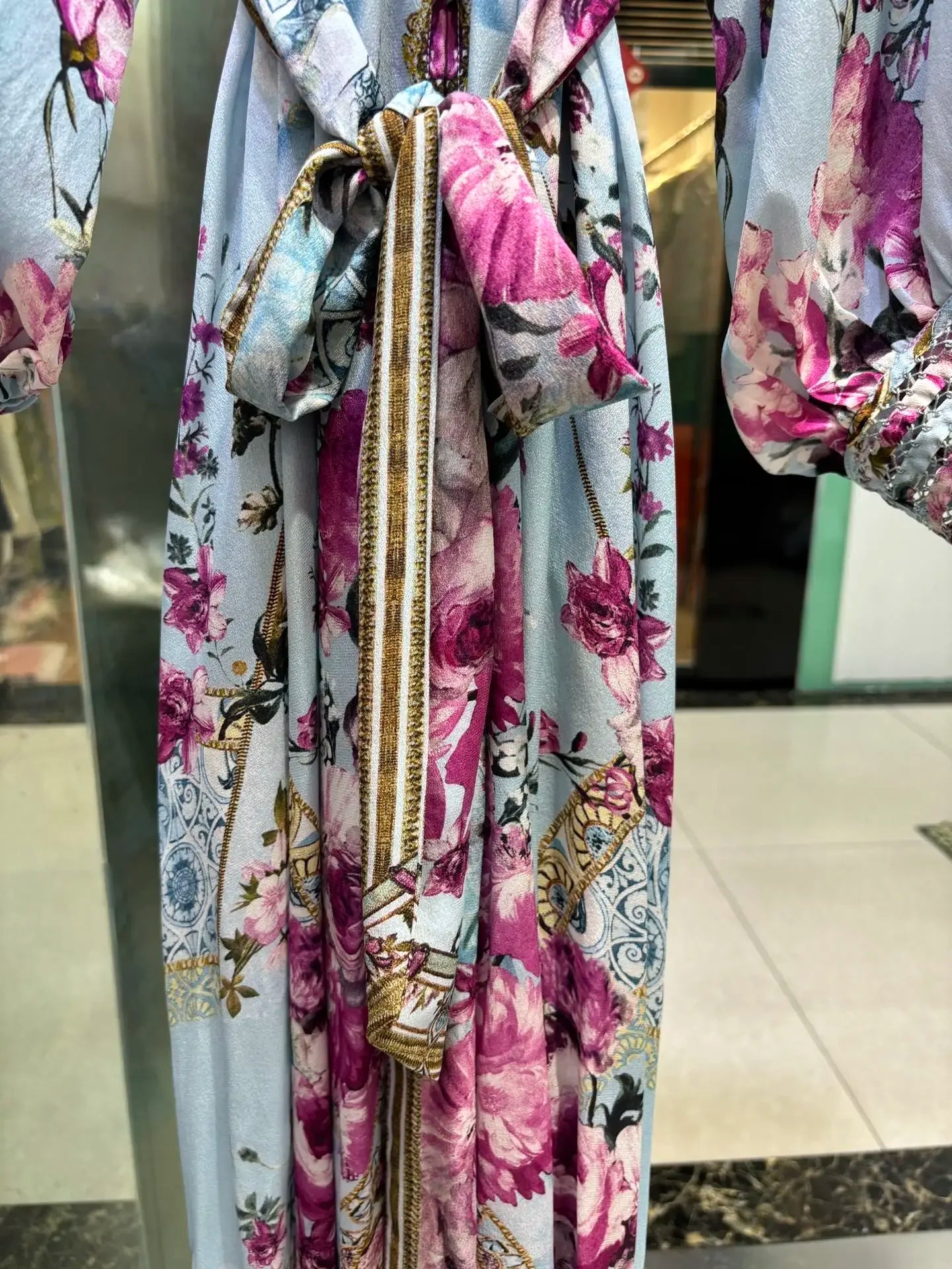 Amay Robe for Women New Spring Summer 100% Silk Hollow Out Flower Printed Stand Collar Waist Lace-up Casual Long Dress