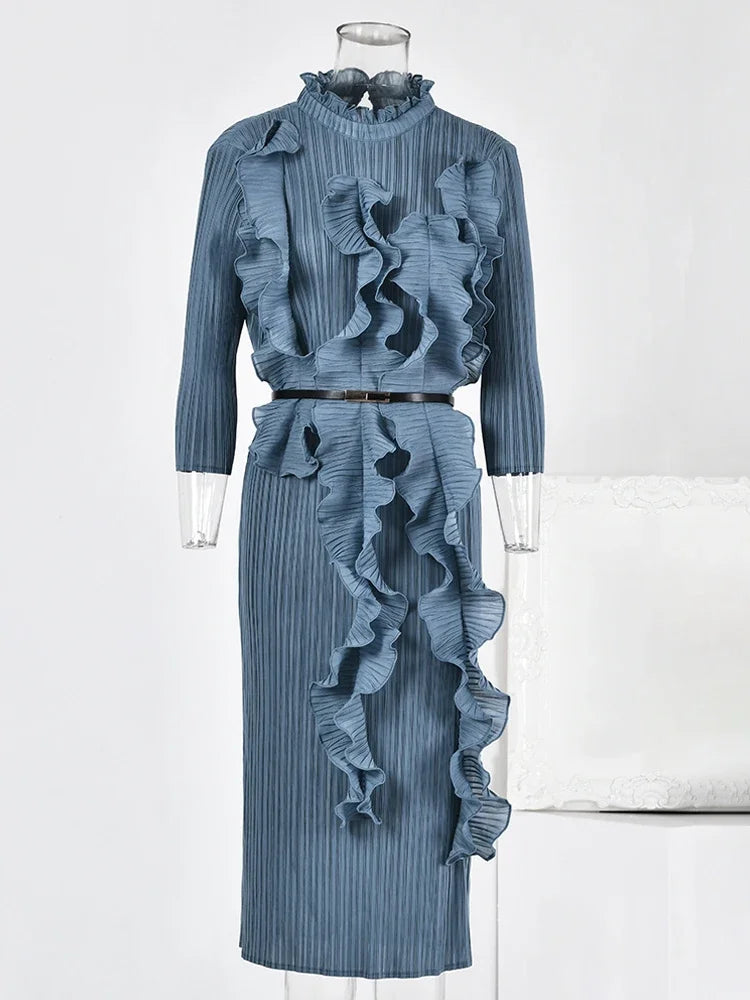 EGRM Ruffles Pleated Miyake Dress For Women 2024 New Solid Stand Collar Long Sleeves Ladies Party Dresses With Belt 5RM6218