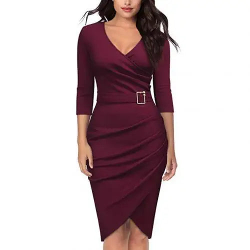 Maxy Formal Dress Women Summer Solid Color 3/4 Sleeve Elegant Dress High Waist Belted Irregular Pencil Dress Red