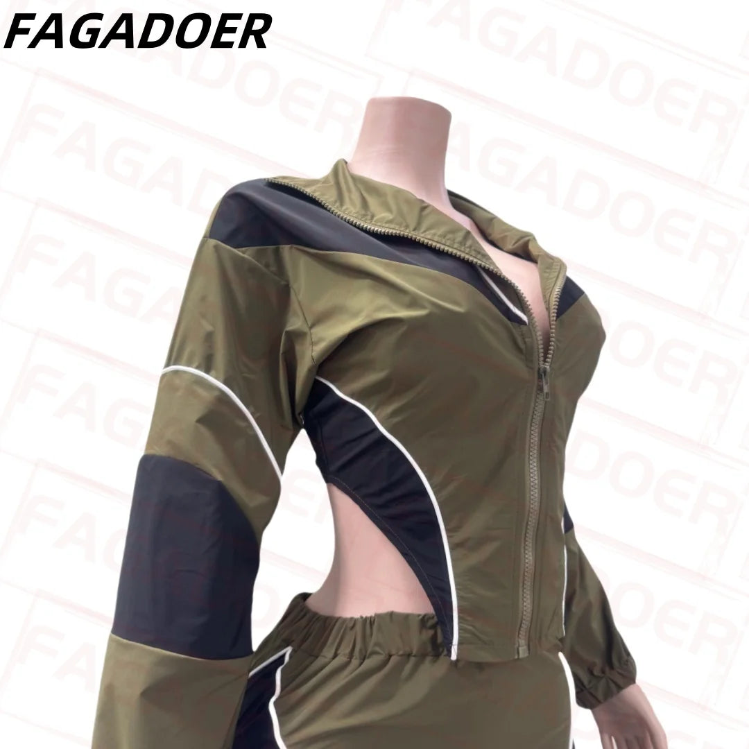 Maxy FAGADOER Color Block Two Piece Set For Women Casual Zip Lantern Sleeve Irregular Crop Jacket + High Waist Skirts Suit Streetwear