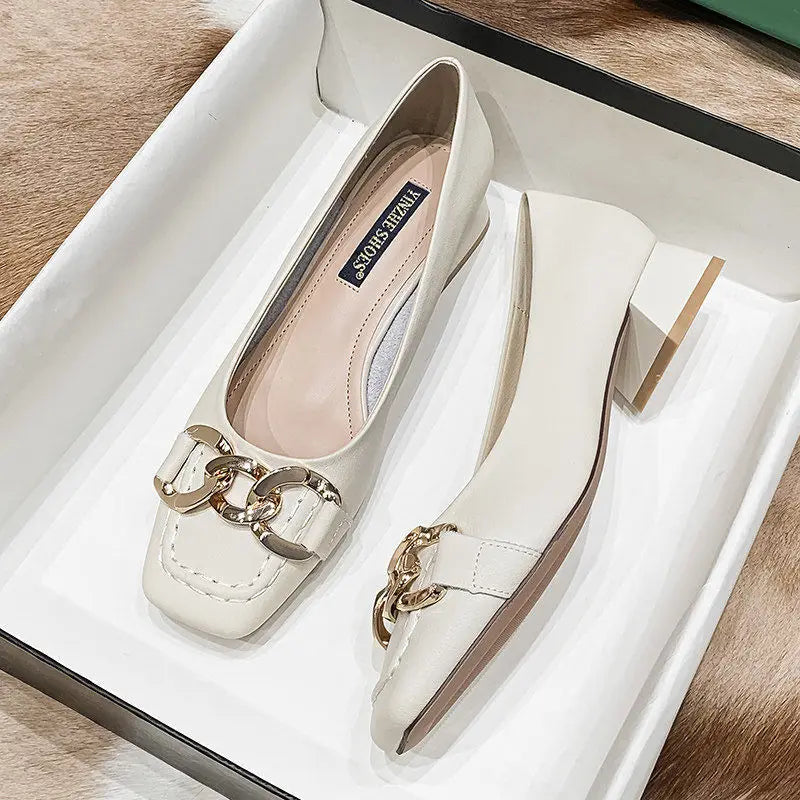 Amay New Women Med Heel Square Toe Pumps Office Lady Shoes Big Gold Metal Chain Soft Soles Slip on Leahter Shoes