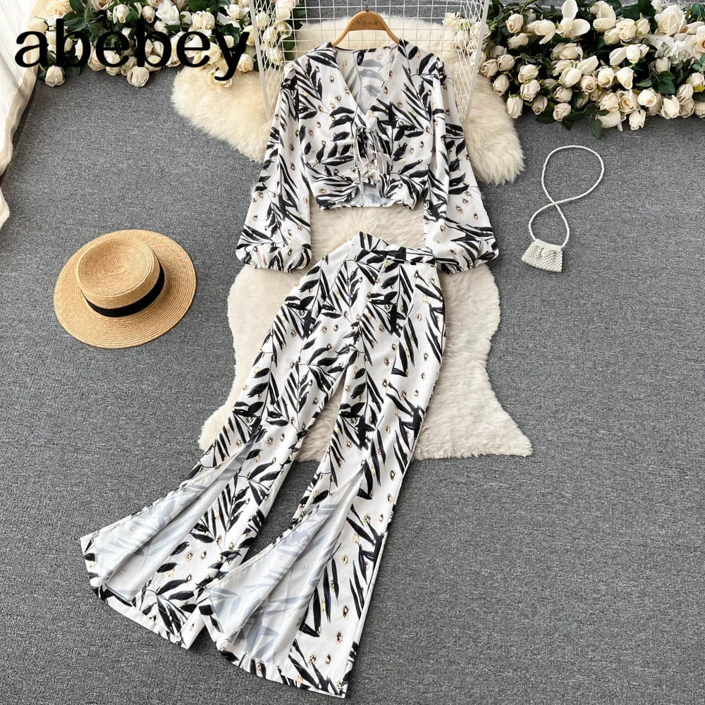 Maxy Summer Women Floral Printed Two Piece Set Sexy V Neck Lantern Sleeve Short Tops + Wide Leg Pants Suit Vacation Beach New