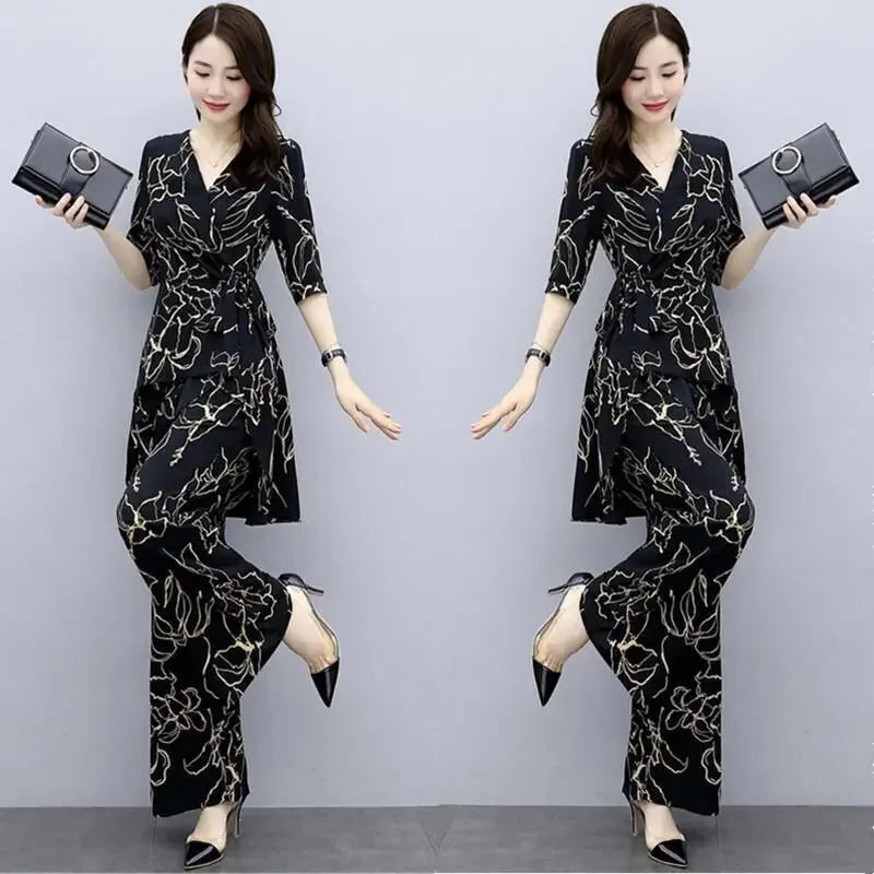 Maxy Women Two Piece Sets New Spring Summer Chiffon Print Top High Waist Wide Leg Pants Casual Fashion Suit Female Plus Size Clothing