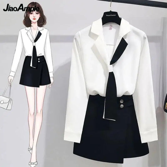 Amay Girl White Shirt Top Midi Skirt Two-piece Women's Professional Suit Korean Fashion Elegant Blouse Dress Set Female Clothes