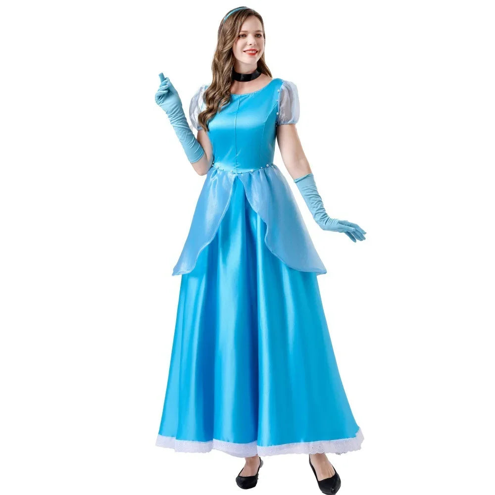 Women Medieval Cinderella Princess Dress Fancy Blue Fairy Tail Costume Adult Halloween Party Ball Gown School Performance Outfit