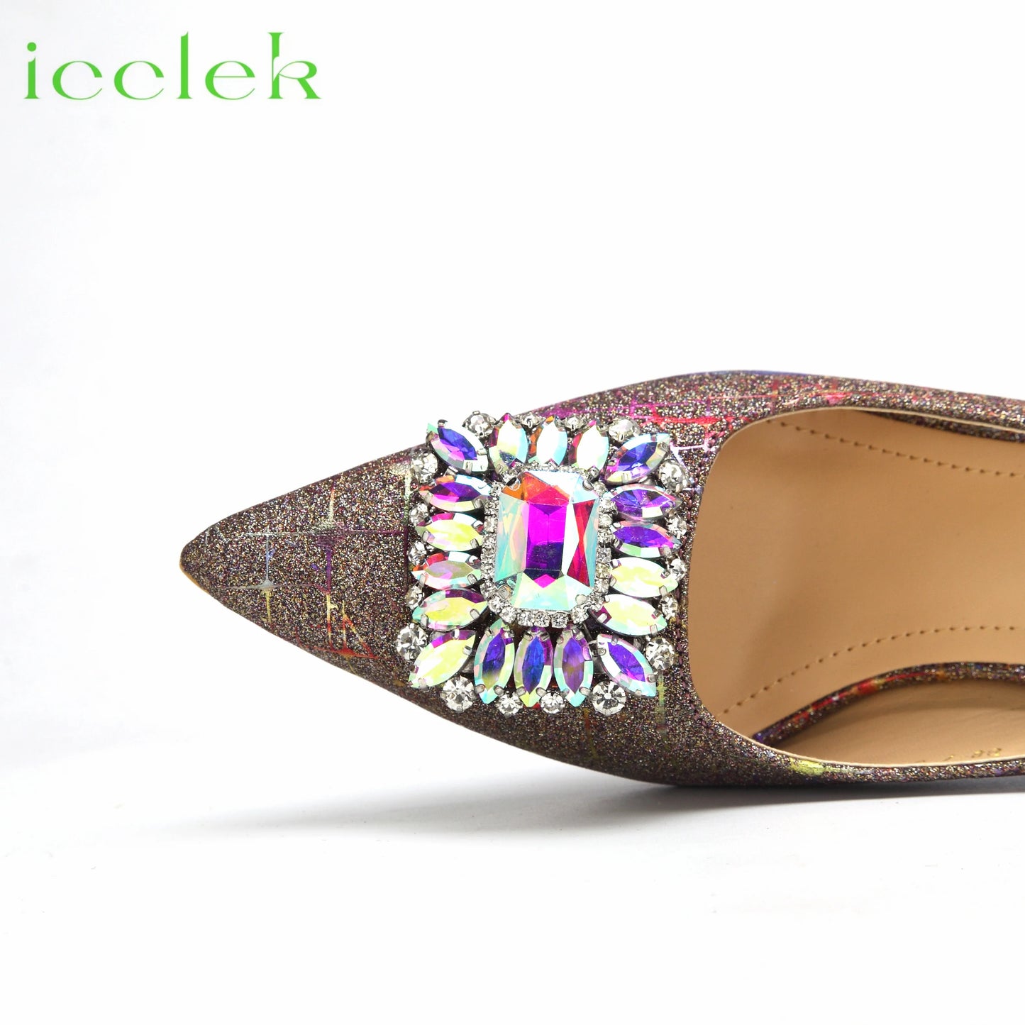 Max Women High Heels Sandals Shinning Material with Rhinestone Design Colorful Pointed Toe Shoes and Bags Set