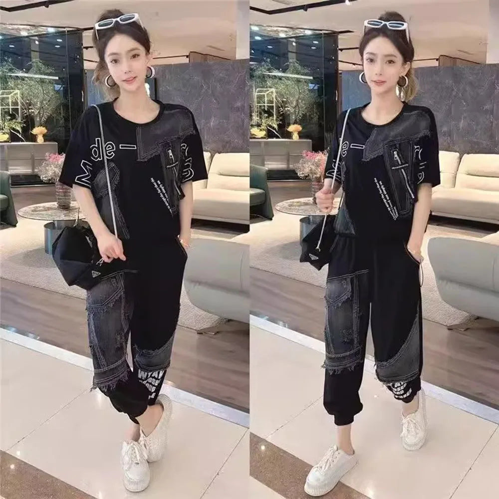 Maxy Fashion Denim Splice Summer Two Piece Sets Women's Outfits Loose Short Sleeve Tops + Wide Leg Pant Suit Casual Female Clothing