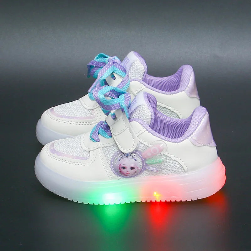 Maxy LED Kids Shoes for Girls Cute Cartoon Princess Elsa Baby Girl Kawaii Canvas Anime Shoes for Children Breathable Mesh Sneakers