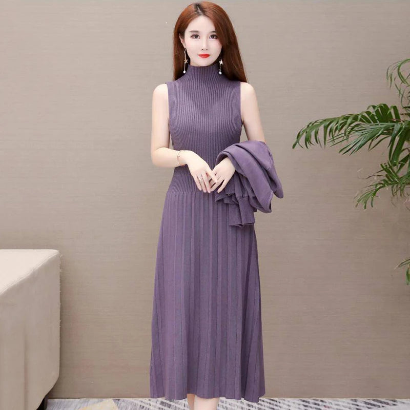 Maxy Elegant Half Turtleneck Sweater Dress 2 Piece Set Sleeveless Winter Vest + Midi Knitted Dresses Suit Large Size Women Outfits