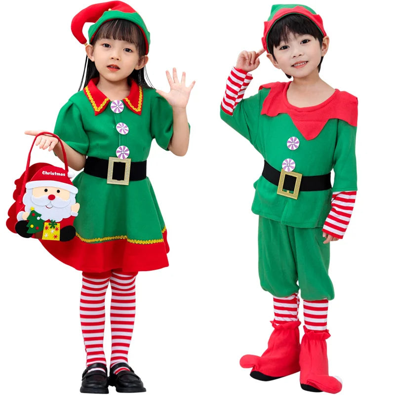 Max Christmas Santa Claus Costume Green Elf Cosplay Family Carnival Party New Year Fancy Dress Clothes Set For  Girls Boys