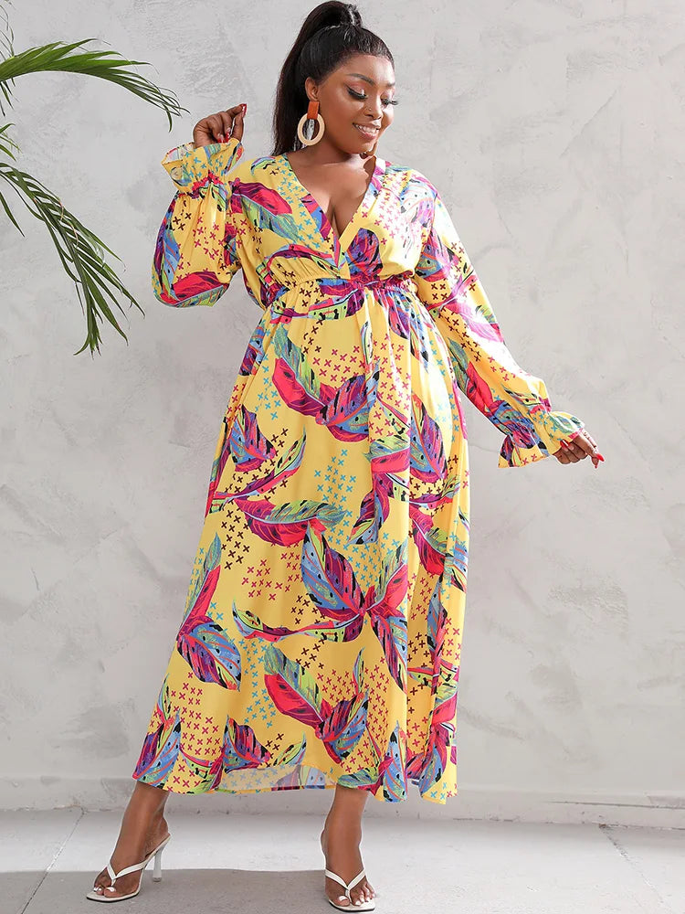 Maxy Plus Size Deep V Neck Boho Print Maxy Dress Women Spring Fall Casual Vacation Beach Elastic Waist Swing Dresses