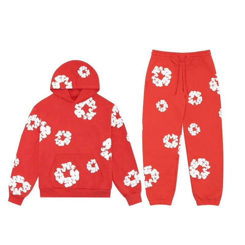 Maxy Flower Print Woman Hoodies Sets Oversized Hip Hop Pant Suit Hooded Sweatshirt Casual Sporty Sweatpant Trend Female 2pcs Set