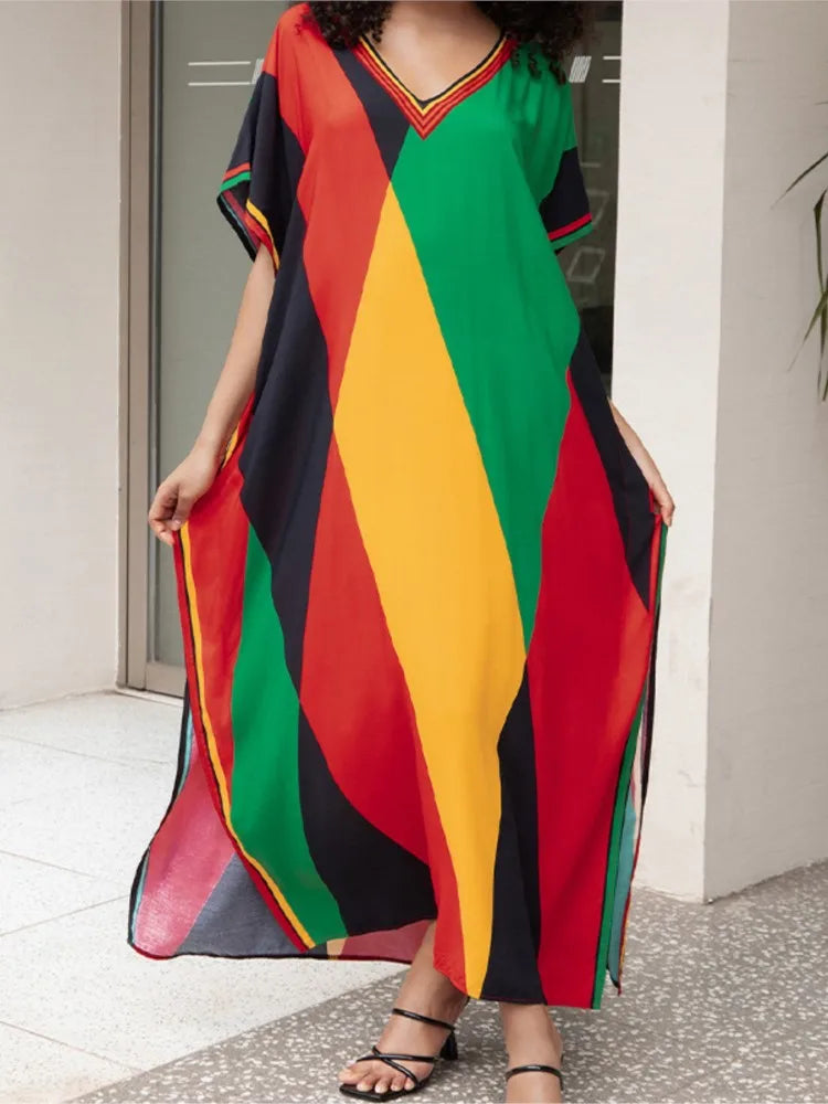 Maxy Women Beach Color Colorful Printed Long Dress Fashion Swimwear Summer Holiday Bohemian Maxy Dresses Bathing Suits