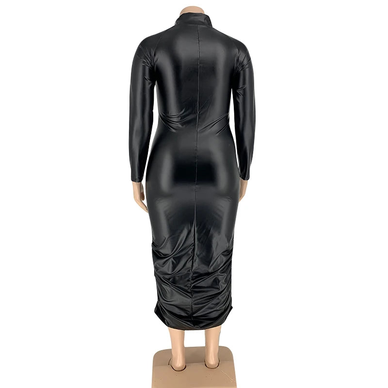 Maxy Leather Plus Size 5XL Dresses for Women Zip Up Full Sleeve Stretch Offie Lady Elegant Black Dress