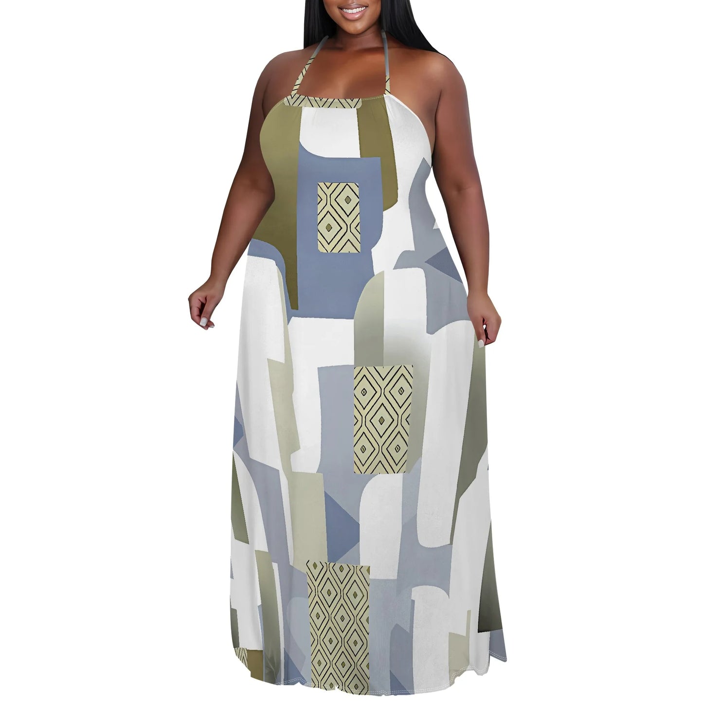 Maxy Plus Size Women's Casual Long-sleeved Dress for Women Sexy 3D Printed halterneck dress Loose Plus Size Dress