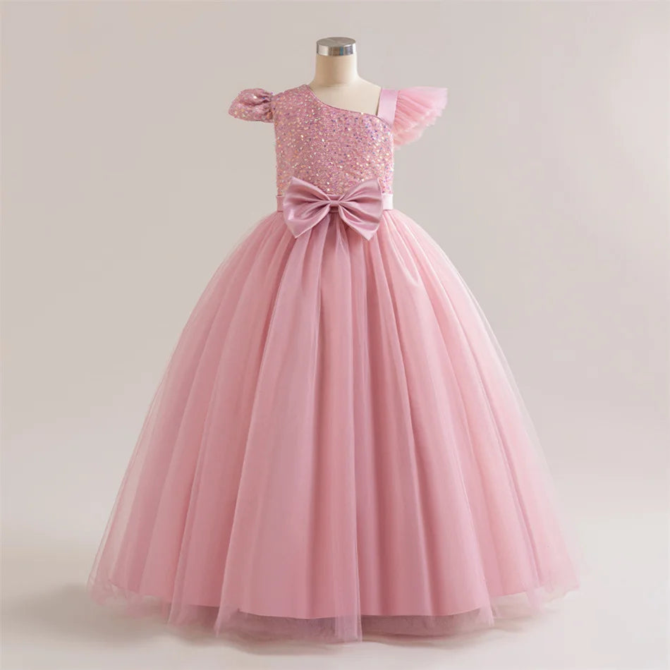 Maxy Girls Solid Sequin Mesh Bow Formal Evening Gown Kids Piano Performance Host Costume Children Wedding Elegant Princess Dress