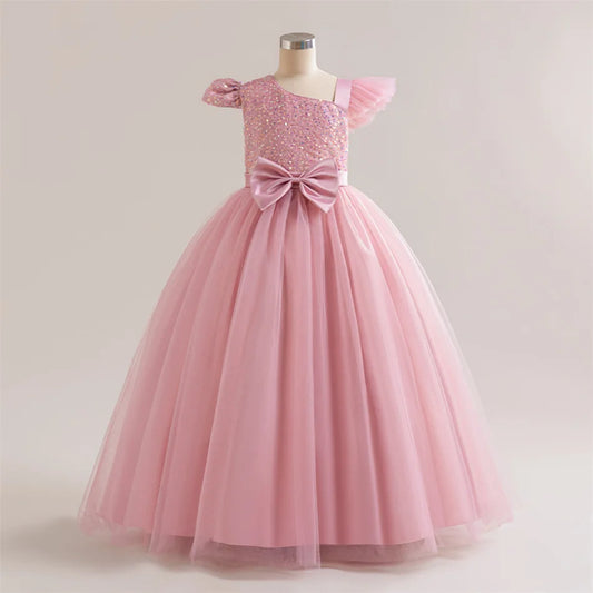 Maxy Girls Solid Sequin Mesh Bow Formal Evening Gown Kids Piano Performance Host Costume Children Wedding Elegant Princess Dress