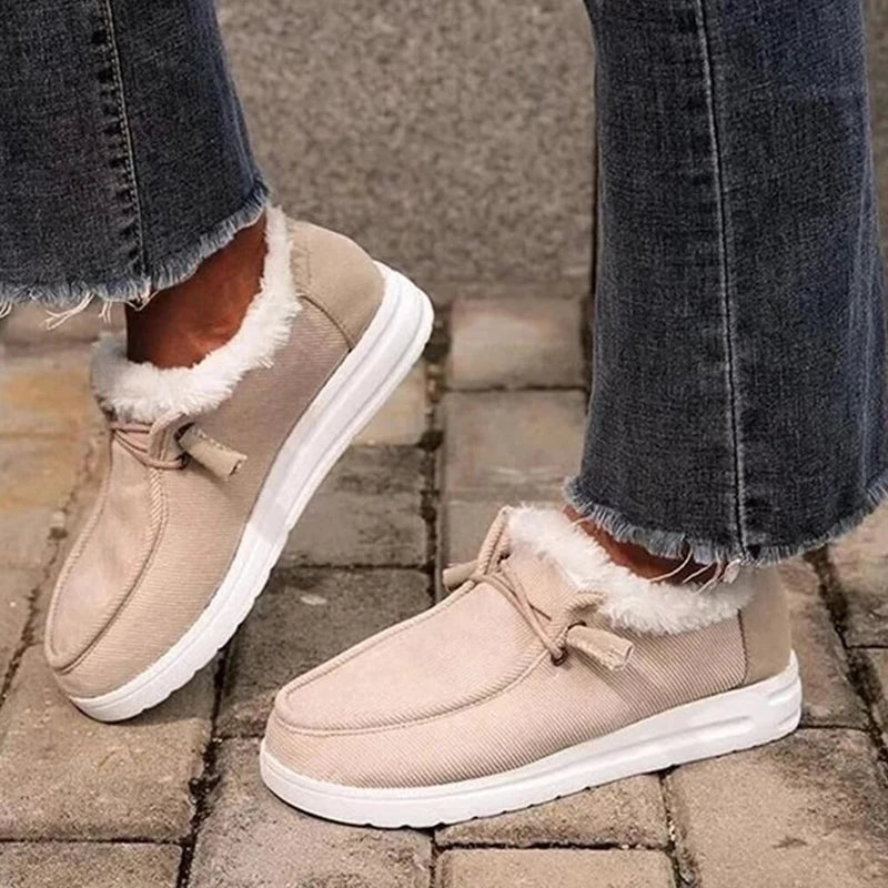 Maxy Winter Plush Loafers Women Ankle Shoes Slip-on Round Toe Flat Faux Suede Sewing Leisure Mature Casual Daily-wear Lace Plus Size