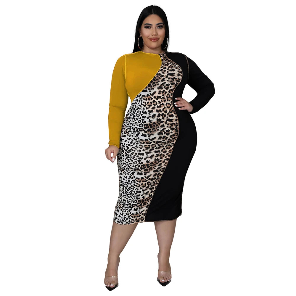 Maxy Street Wear Leopard Patchwork Fashion Elegant Midi Dress Round Neck Long Sleeve Casual Plus Size Women Clothing 4xl 5xl